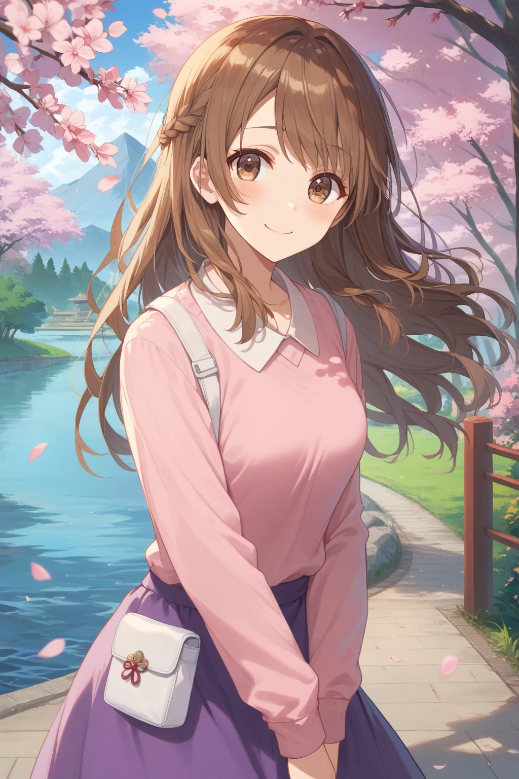 (score_9, score_8_up:1.1), score_7_up, high res image,masterpiece, mashiro aoi, 1girl, solo, brown hair, long hair, braid, brown eyes, pink sweatshirt, collared sweatshirt, purple skirt, white pouch, smile, blush, looking at viewer, outside, cherry blossom trees, park, river, mountain