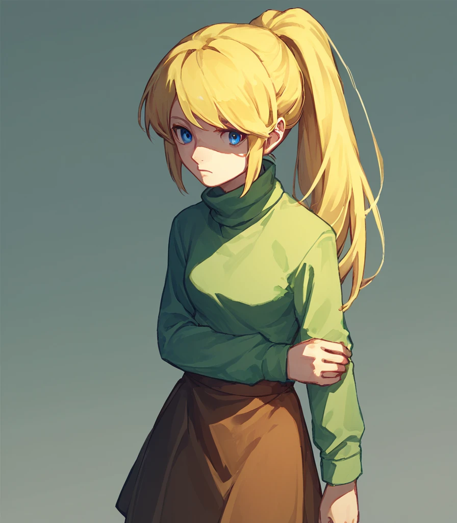 score_9, score_8_up 
 <lora:Poniko:1> p0niko, 1girl, solo, ponytail, blonde hair, blue eyes, long hair, skirt, turtleneck, green shirt