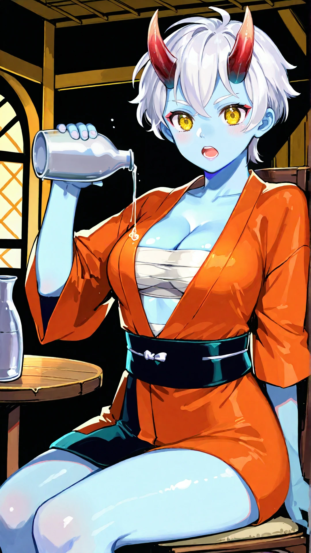 sjsartstyle, 2d, (zPDXL2), cowboy shot, dynamic pose, dynamic angle, webtoon, anime, centered, solo, 1girl, 1woman, (((sitting on a chair))), holding sake cup in right hand, sake cup on a table, pouring sake down in sake cup, open mouth, wooden floor, sake jar, ((orange open kimono)), short kimono, (((white hair))), short hair, (blue skin:1.2), blue oni, flesh horns, yellow eyes, cleavage, sarashi bandages, tomboy, athletic, indoors, medieval fantasy, tavern background, <lora:sd_xl_dpo_lora_v1:1>, <lora:OMG-Is-DucHaiten_v1.0:0.1>, <lora:sjsartstyle Illustrious:1>