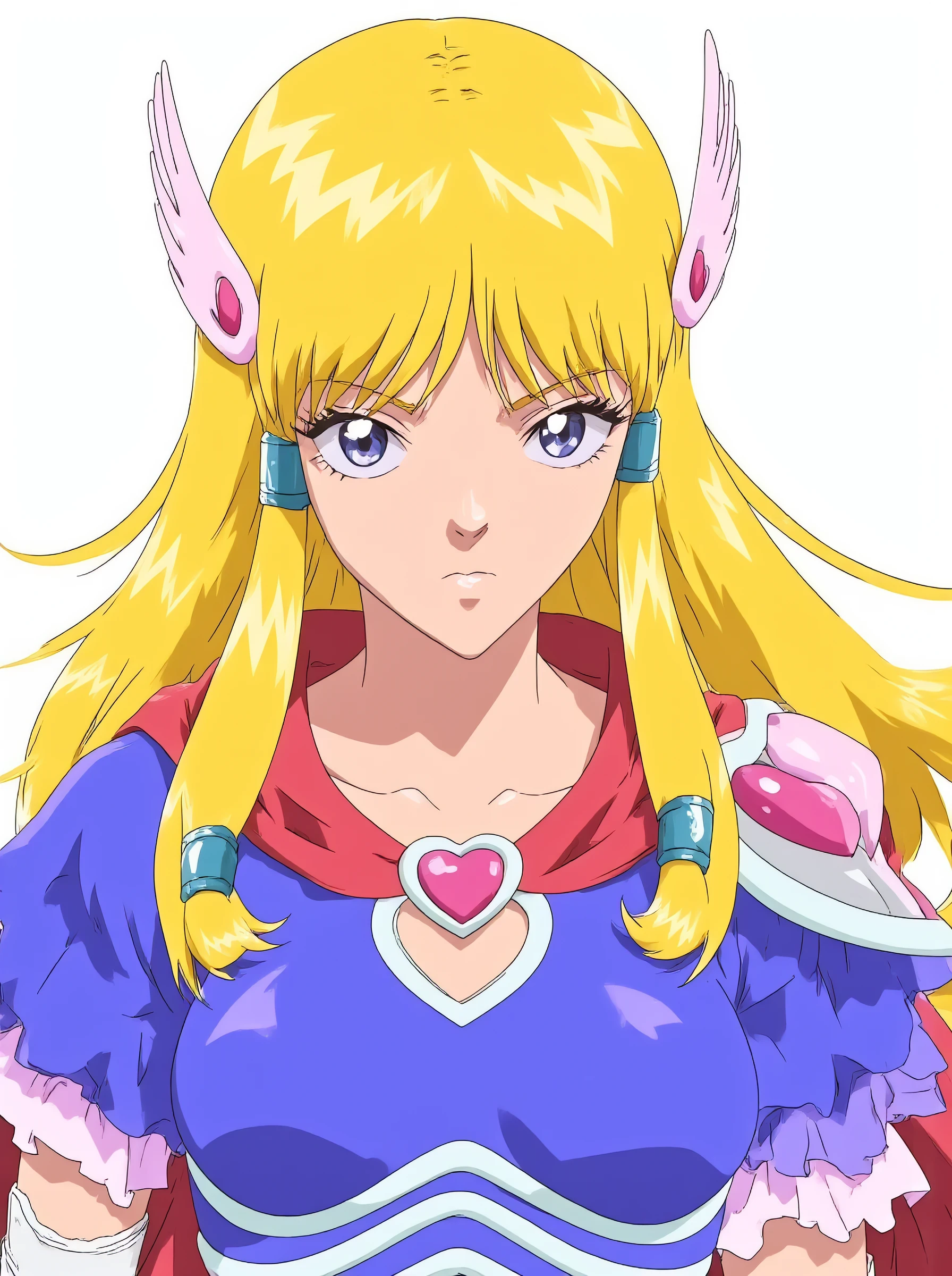 An image of denbo, a girl with blue eyes and pink wing hair accessories and long blonde hair that parts in half midway with hair clips at each end.  She has  a short red cape and blue and white shirt with frilly sleeves  and a heart-shaped cutout as well as a  heart-shaped pauldron on one shoulder  and white arm gauntlets. detailed shading, (3/4 angle:1.3), short shoulder-length cape, anime style, digital art, upper body, egmid