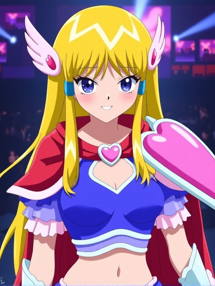 anime style digital painting of denbo, a pretty girl with blue eyes and pink wing hair accessories and long blonde hair that parts in half.  She has  a short red cape and blue and white shirt with a heart-shaped cutout and frilly sleeves  as well as a long pink heart-shaped accessory on her left shoulder  and white arm gauntlets.  She stands with her arms lowered  and a head tilt and a happy smile looking at the viewer.   detailed shading, 3/4 angle, stylized proportions, short shoulder-length cape, cartoony, big eyes, headshot, head and chest, upper body,  interior jpop concert stage out of focus, beautiful, breasts, <lora:denbo_flux:0.9>