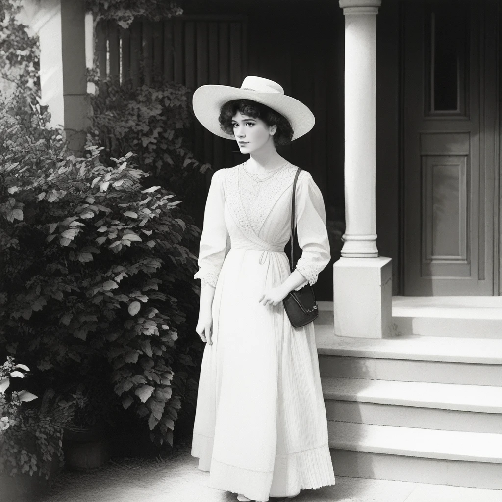 <lora:1900s_Drama_MovieIllustrious:1> ArsMovieStill, movie still from a 1900s drama movie, The image shows a woman in a white dress and hat standing on the steps of a house holding a handbag in her hand. The house has a door pillars and a wall and there are plants in the background., 1girl, monochrome, solo, hat, dress, greyscale, stairs, sun hat, realistic, handbag