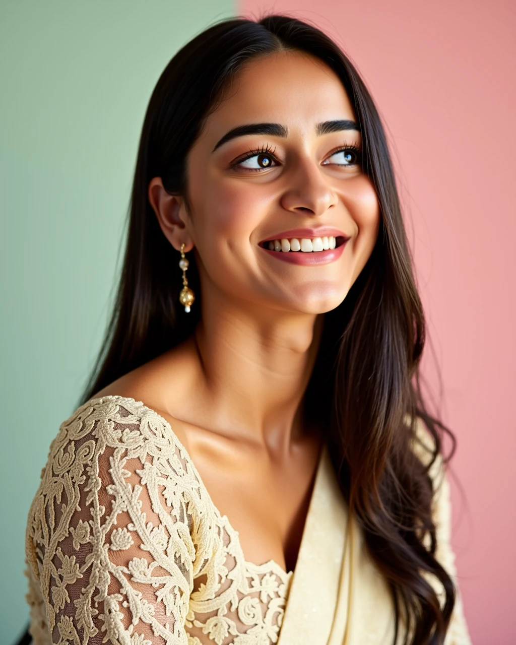 full body photo of Ananya Pandey woman,candid photo with natural colors, laughing expression on face,studio quality, wearing intricate elegant conservative long sleeved Ivory Dhoti Saree, straight hair, pastel shaded multicolored background, cinematic soft lighting<lora:TestBed\Ananya_Pandey_Flux_Kohya_V1.safetensors:0.8:0.8>