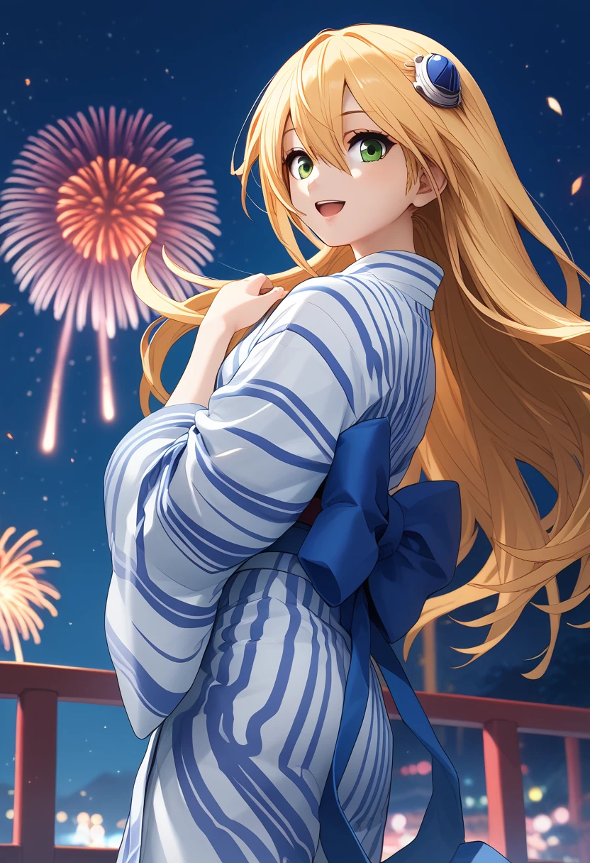 score_9, score_8_up, score_7_up, source_anime BREAK 1girl, solo, <lora:bb_noel:1>, bb_noel, cowboy shot, from side, yukata, Japanese clothes, hair ornament, blonde hair, bangs, long hair, green eyes, looking at you, smile, open mouth, aerial fireworks, night sky