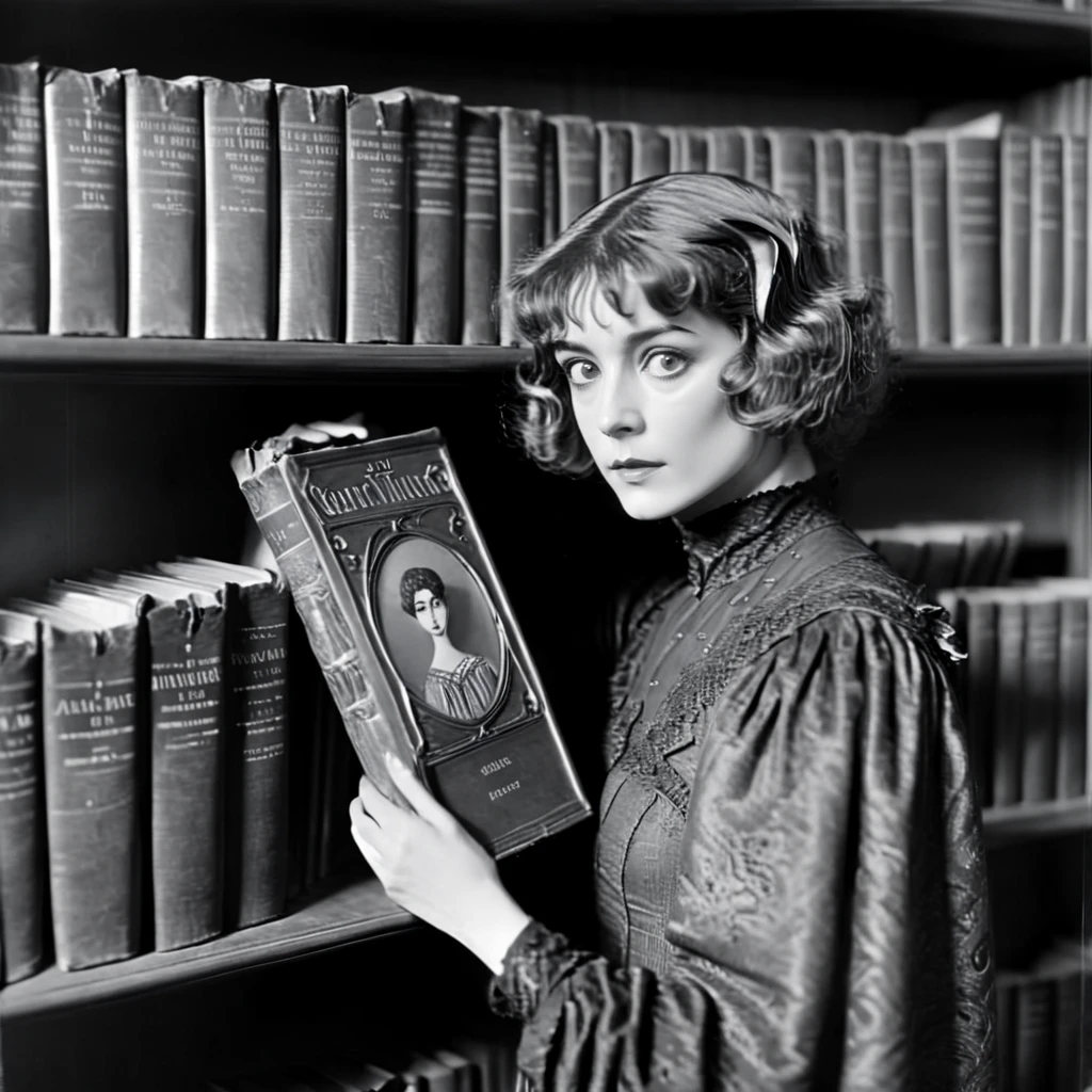 <lora:1900s_Drama_MovieSDXL:1> ArsMovieStill, movie still from a 1900s drama movie, The image shows a woman standing in front of a book shelf holding a book in her hands. The image is in black and white and the woman has a human face., 1girl, greyscale, monochrome, solo, book, bookshelf, holding book, holding, short hair, library