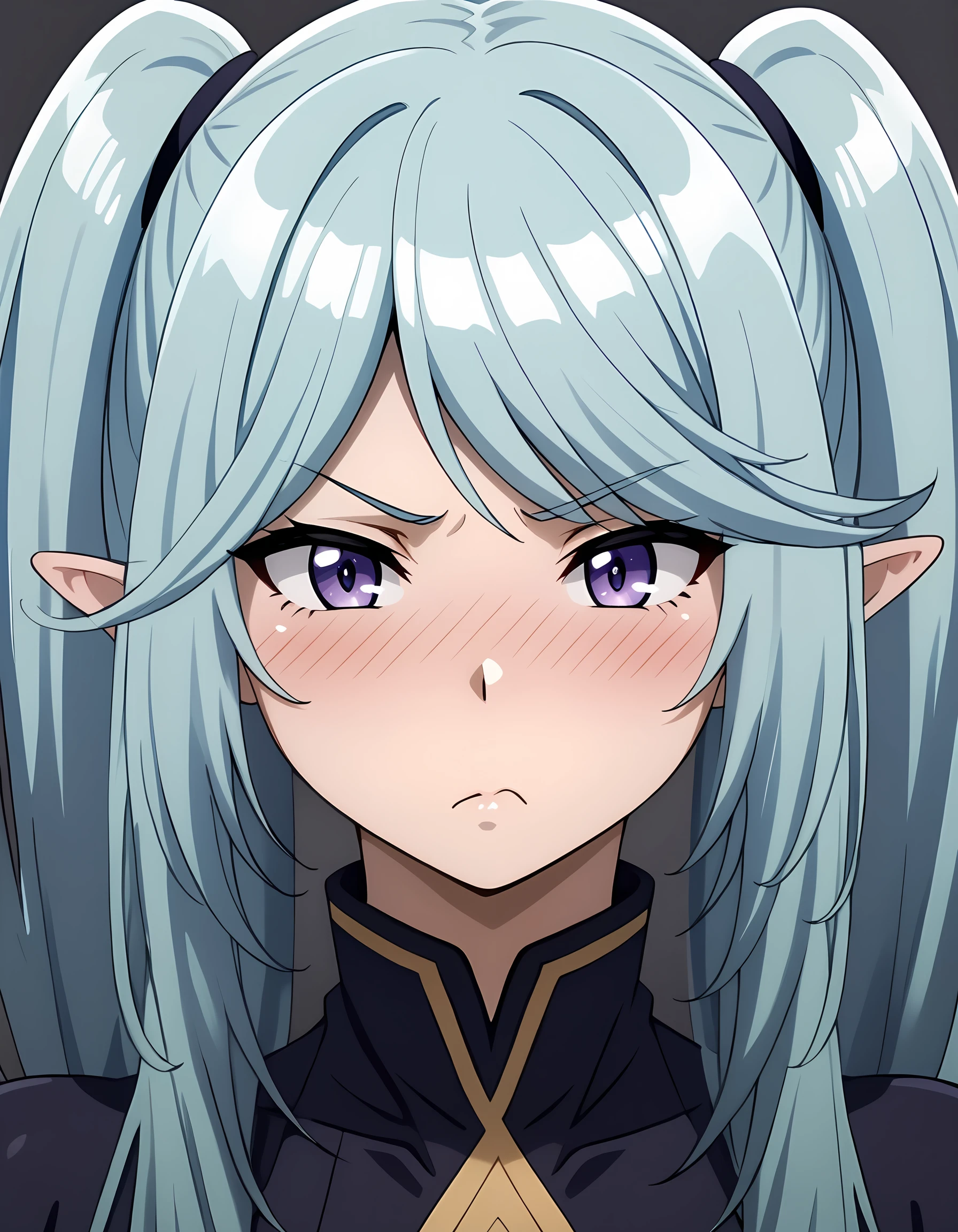 <lora:Epsilon:1>epsilon_eminence, 1girl, twintails, pout, blush, face focus, simple background,