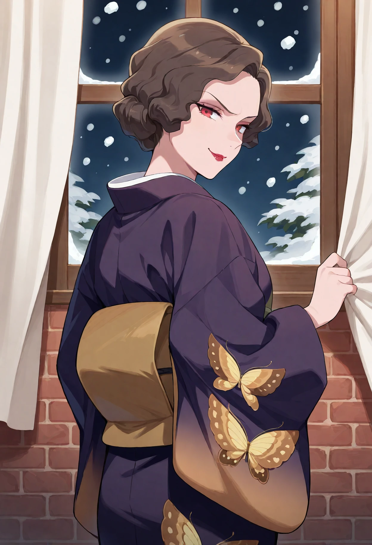 saimorikanoko, 1girl, print kimono, solo, short hair, evil smile, obi, brown hair,, eyeshadow, butterfly print, looking at viewer, purple kimono, red eyes, standing, wide sleeves, closed mouth, long sleeves, lipstick, curly hair ,mature female,cowboy shot, (brick wall:1.5), from behind, single hair bun, looking back, (window:1.5), snowing, (curtain:1.5)  <lora:saimorikanoko_ill:1>