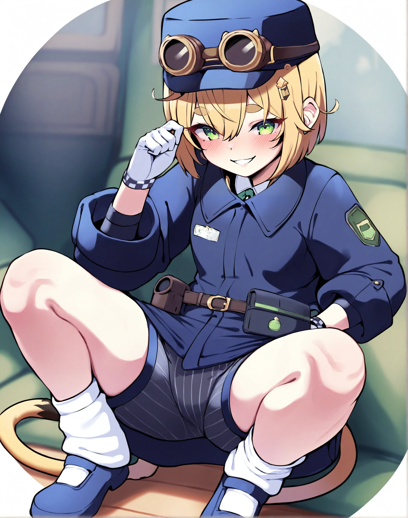 masterpiece, best quality, amazing quality, very aesthetic, absurdres, highres, newest, 8k, detailed,  <lora:doobyillustriousXL:1>, 1girl, dooby, short hair, tail, hat, goggles, green eyes, hair ornament, gloves, artist:ayagi daifuku, jacket, coat, smile, looking at viewer,