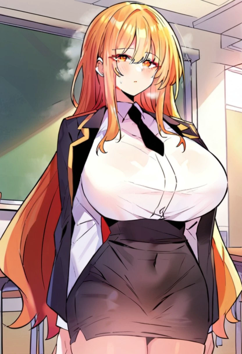 score_9, score_8_up, score_7_up, score_6_up, source_anime, rating_explicit, 1girl, solo, huge breasts,  blonde hair, orange eyes, orange hair, black jacket, open jacket, black necktie, white shirt, collared shirt, covered navel, black skirt, high-waist skirt, pencil skirt, miniskirt, expressionless, Narrow shoulders, steaming body, classroom, indoor, standing, looking at viewer