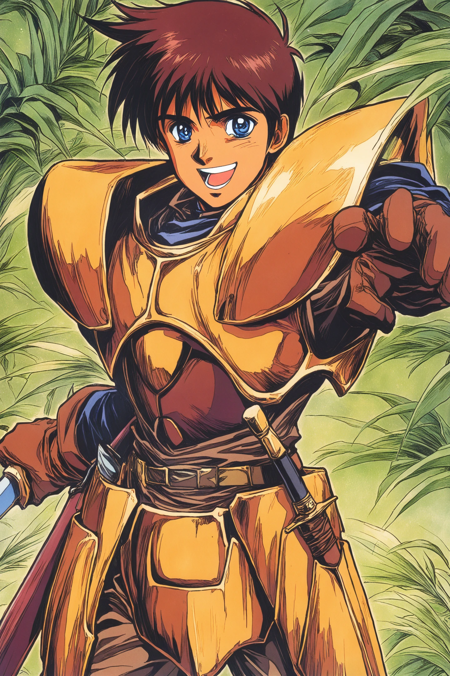 Parn,weapon,solo,brown armor,1boy,gloves,male focus,blue eyes,retro artstyle,1990s (style),brown hair,boots,dark skin,brown gloves,open mouth,holding,breastplate,holding sword,short hair,sheath,smile,standing,looking at viewer,traditional media,
<lora:yuuki nobuteru_illustriousXL:0.8>,