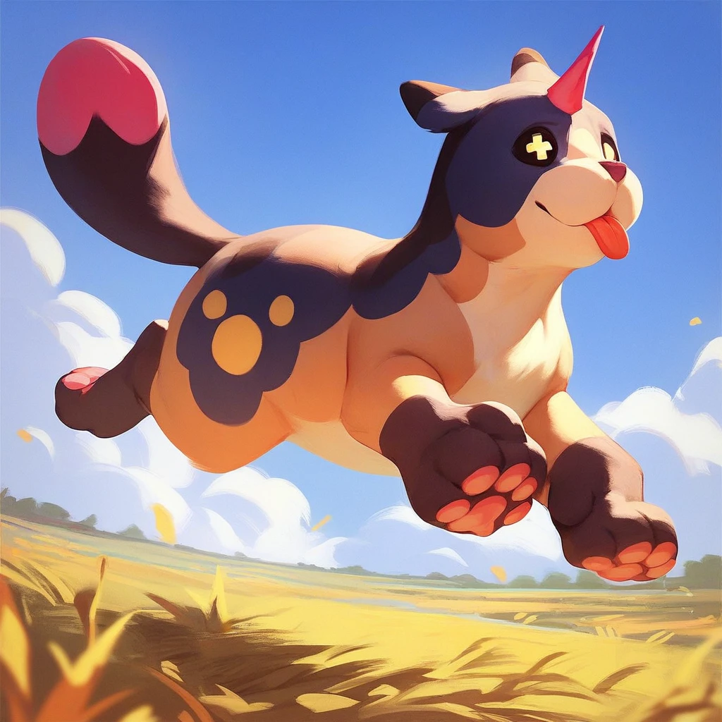 score_9_up, score_8_up, score_7_up, score_6_up, solo, MW_KH, no humans, single horn, tongue, tongue out, cross-shaped pupils, pink pawpads, (running through a field), (blue sky, bright sunshine), (painted art)