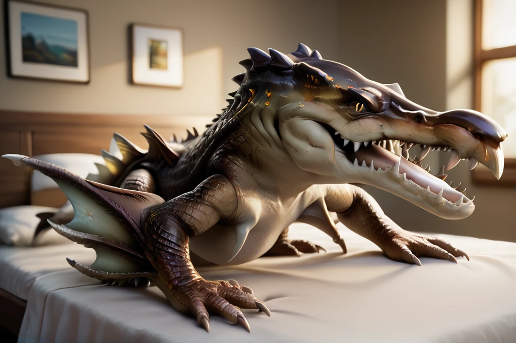 source_furry, score_9, score_8_up, score_7_up, (sahagin_xv, gator, monster), scalie, detailed scales, yellow eyes, detailed eyes, sharp teeth, elbow fins, claws, tail, <lora:FF_SahaginPony03:0.8>, indoors, bedroom, lying on bed, on all-fours, open mouth, dynamic view, zPDXL2, zPDXLpg, zPDXLrl, shaded, best quality, highly detailed, extreme detail, photorealistic