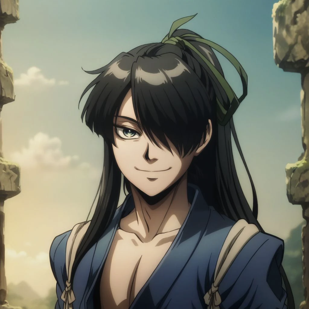 score_9, score_8_up, score_7_up, masterpiece, source_anime, anime screencap, very skinny, slender, <lora:Yoich1:1>, Yoich1, long hair, looking ahead, black hair, male focus, (open clothes, japanese clothes:1.2), hair over one eye, anime coloring, fingerless gloves, ponytail, upper body, looking at viewer, face close up, smile,