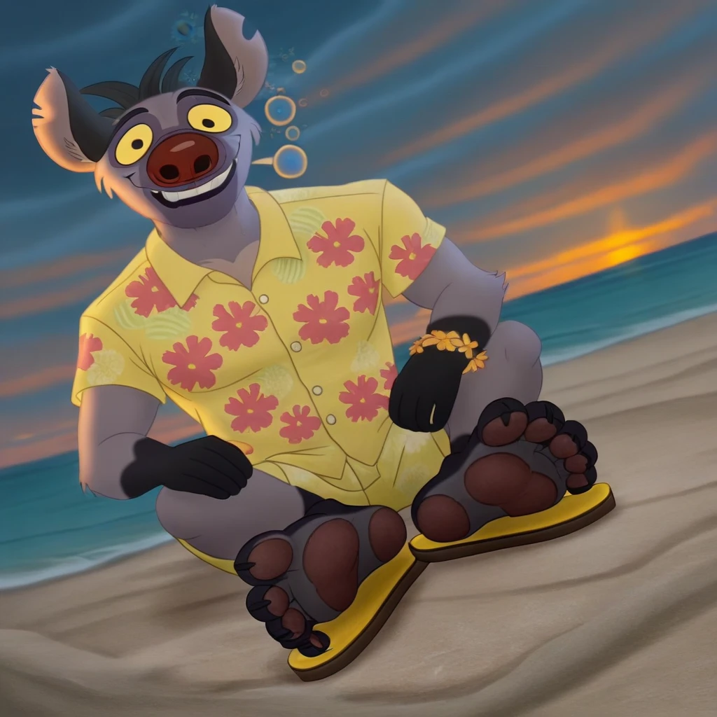 (((Barefoot furry character, full body, cinematic setting, furry male, anthro, plantigrade))), (((Cheezi))), bara, solo, hyena boy, in a (((yellow Hawaiian shirt))) with green or purple pattern, wearing white pants, leather bracelets, feet paws towards the viewer, feet POV, (((wearing sandals))), dynamic pose, smile, drinks whiskey, (((drunk))), sleepy, sitting on beach, near beach bar, (((sunset))), (((outdoors))), focus on feet paws, (((dutch angle))), BREAK, intricate details, highly detailed, extreme detail, octane render, fine art, best quality, highres, (detailed face:1.5), ((full_body)), UHD, (((perfect hands))), low light, anime