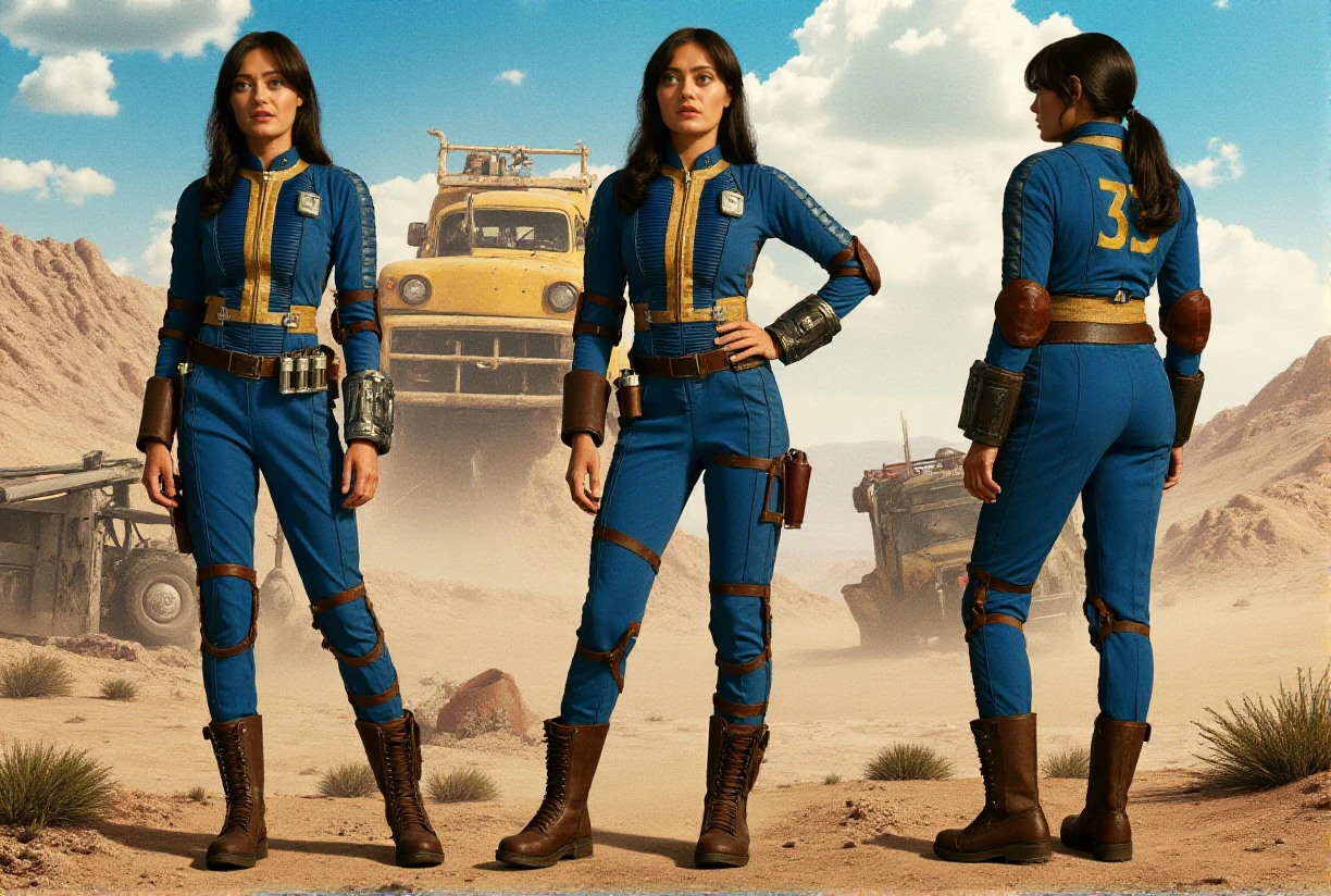 Buffon multiple views, 1girl turnaround, postapocaliptic city desert background with the text "FALLOUT", full body. Lucy wears a blue jumpsuit with some yellow marks. She has long dark hair attached . she wear brown military boots  <lora:Lucy:0.9>