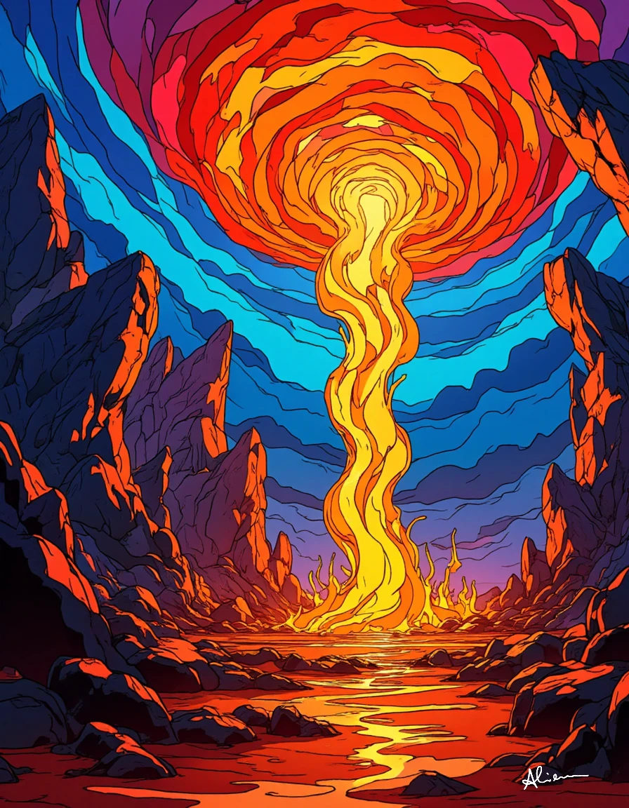 A vivid, stained-glass-style artwork depicting a fiery, swirling vortex of orange and yellow hues emanating from a large, jagged rock formation. The swirling vortex is set against a backdrop of a deep blue sky with hints of purple, suggesting either a sunrise or sunset. The rock formation is surrounded by jagged, irregularly shaped structures that emit a warm, amber glow. The overall color palette is dominated by shades of red, orange, and blue, creating a sense of depth and dimension. The style of the artwork leans towards fantasy, with a blend of realism and imaginative elements.
