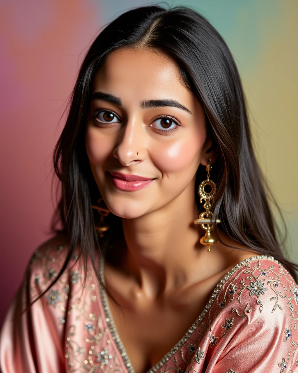 headshot photo of Ananya Pandey woman,candid photo with natural colors, smiling expression on face,studio quality, wearing intricate elegant conservative long sleeved Sapphire Mekhela Chador (Assamese traditional attire), straight hair, pastel shaded multicolored background, cinematic soft lighting<lora:TestBed\Ananya_Pandey_Flux_Kohya_V1.safetensors:0.8:0.8>