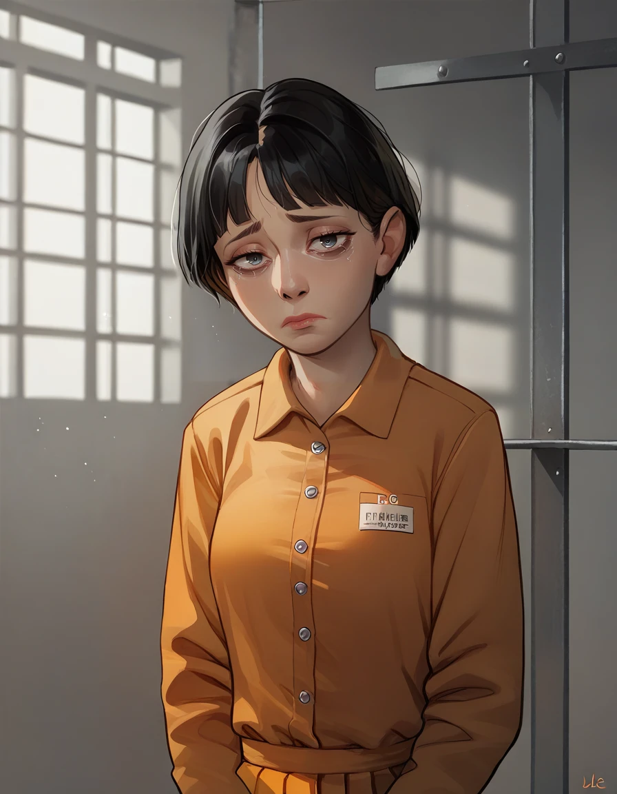 1girl, solo, looking at viewer, sad, exhausted, (pleading eyes:1.4),
black hair, short hair, indoors, prison booking, blurred background, prison jumpsuit
BREAK
score_9, score_8_up, score_7_up, score_6_up, score_5_up, score_4_up, source_cartoon,
<lora:incase_v14:0.8>
<lora:pleading_pony_v2:1.0>