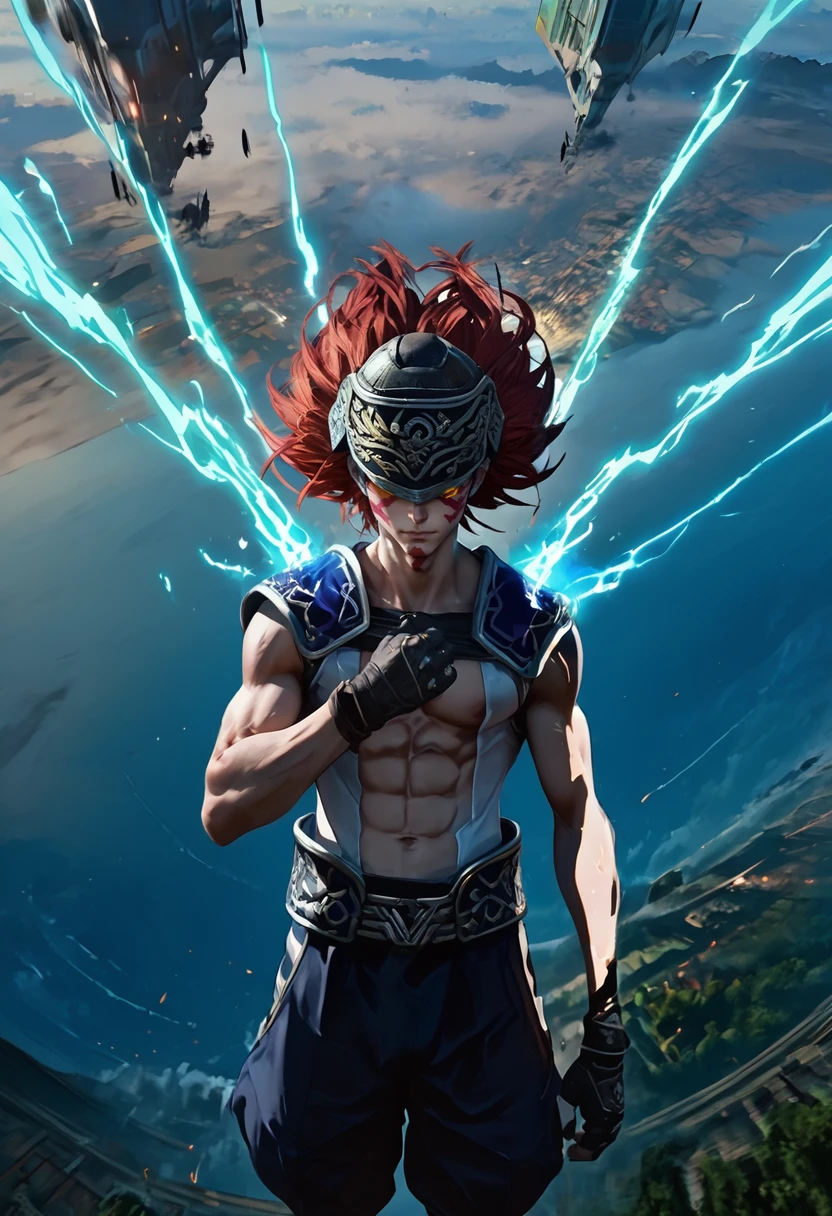 source_anime, (masterpiece), (best quality), score_9, score_8_up, score_7_up, (masterpiece:1.2), (best quality:1.3), 1boy <lora:Kotaro_Fuma_Sengoku_Basara:0.75> fkotaro_sgbs, helmet, red hair, black aura, facing viewer, muscular, midriff, pectorals, abs, portrait, topless male, upper body, masterful composition, dynamic movement <lora:Anime Style (Vauxz) PONY:0.8>, low-key lighting, lo-fi, glow, dynamic cinematic lighting, ray_tracing, global illumination