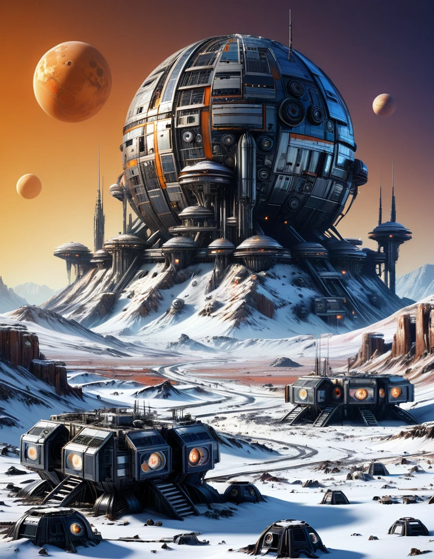 landscape of a Abandoned ral-vhstp and Harsh Space colony on another planet, Snowy, Warm lighting, <lora:ral-vhstp:1>, highly decorated, beautiful detailed supreme quality color intricate, intricate artistic color, creative, dramatic, exquisite color, professional fine composition, located artistic