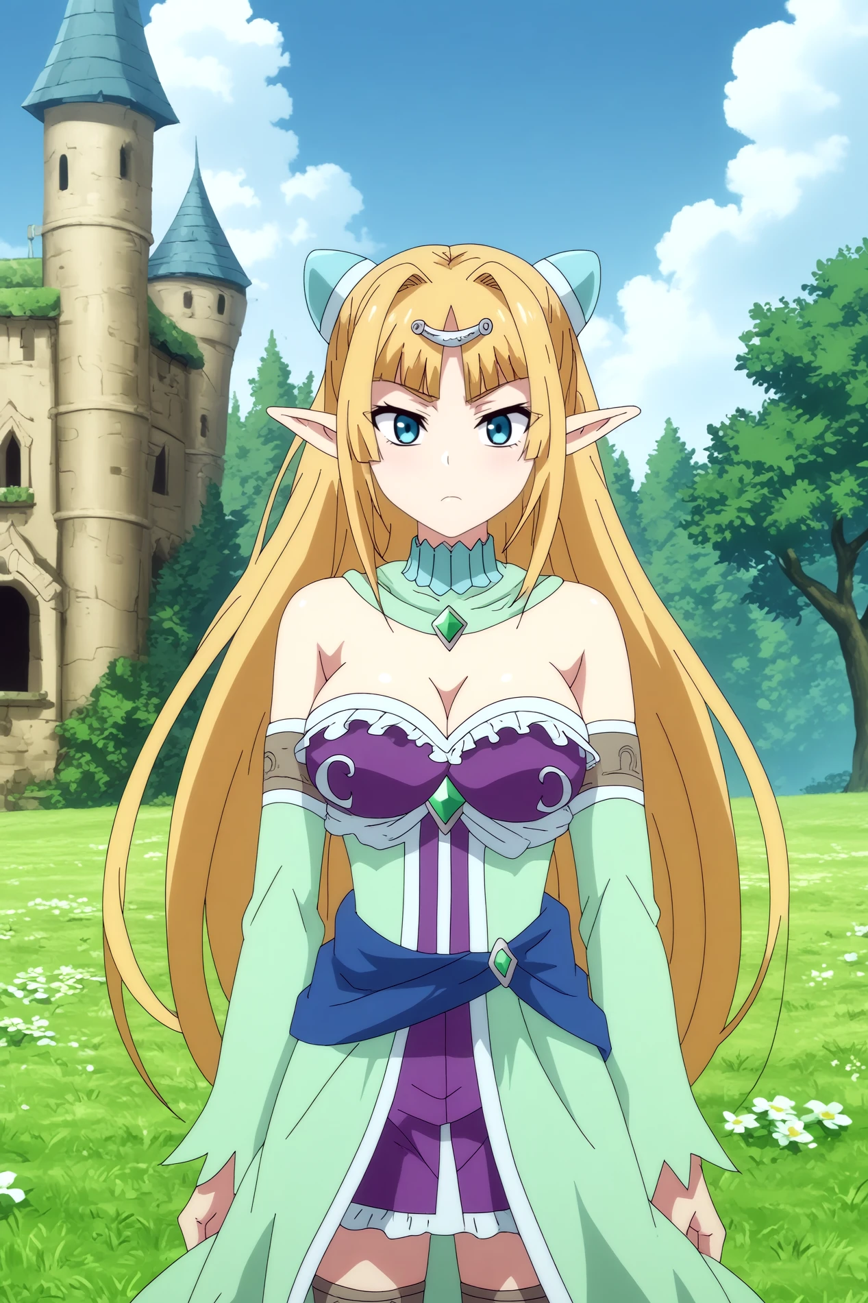  fruitalia eldriel,1girl,solo,breasts,long hair,pointy_ears, cleavage, large_breasts, very_long_hair, detached_sleeves, looking_at_viewer, hair_ornament, bare_shoulders, elf,thighhighs,dress,upper body,blowing_kiss,  outdoors,castle,blue sky,cloudy_sky,grass,castle behind    <lora:Fruitalia_Eldriel_-_Peter_Grill_to_Kenja_no_Jikan.safetensors:0.8> <lora:detailed_backgrounds_v2.safetensors:0.5> <lora:add_detail.safetensors:0.8>