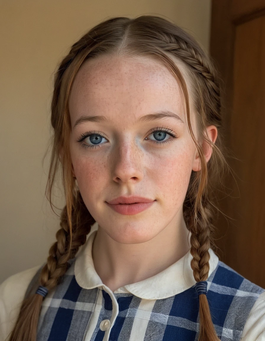 (Photo from 1805) AMYB3THNEUTRAL,  1girl, solo, long hair, looking at viewer, blue eyes,  brown hair, braid, parted lips, teeth, twin braids, lips, plaid, portrait, freckles, brown background, realistic (farm house in the background) (Anne with and E)
  <lora:AMYB3THNEUTRAL_last:1>