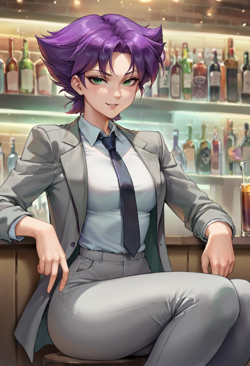 score_9,score_8_up, score_7_up,BREAK, ict style,,konoko, purple hair, short hair, green eyes, grey suit,formal,grey jacket, white collared shirt,grey pants, black necktie, medium breasts, indoors,bar,neon sign,shelf, smile,sitting, contrapposto, long necktie,   <lora:KonokoPony:1>