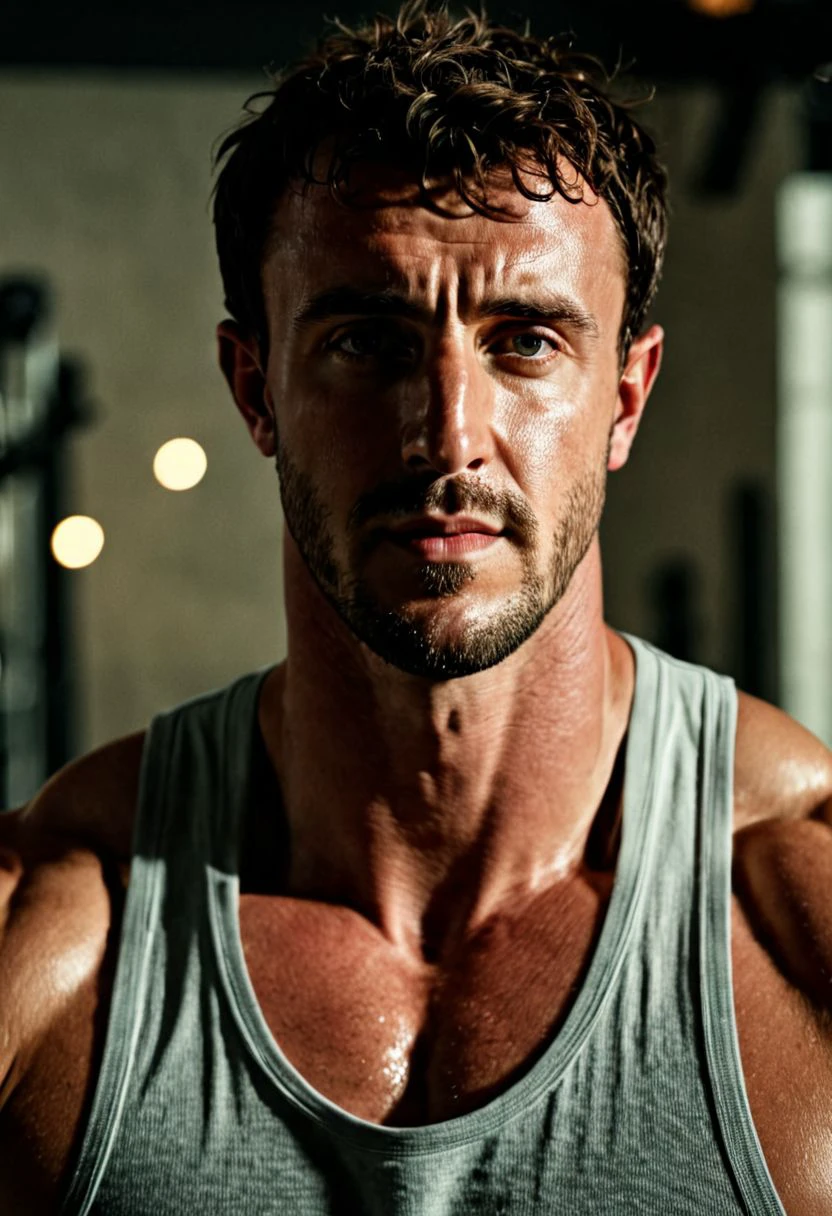 Paul Mescal a man <lora:Paul-Mescal:0.9>, cinematic film still, ((sweaty)), tanktop, gym, working out, lifting weights, dynamic pose . shallow depth of field, vignette, highly detailed, high budget, bokeh, cinemascope, moody, epic, gorgeous, film grain, grainy  8k, highly detailed,  ultra-realistic,