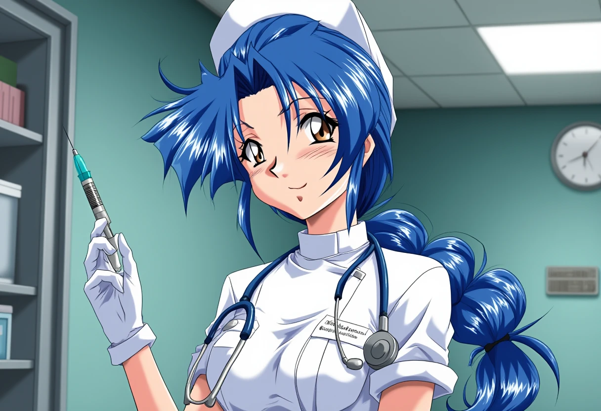 A detailed solo portrait of sugimura hiroko
Anime style, sharp, high contrast and highly detailed.,
<lora:innai_kansen_sugimura_hiroko_flux_v1_4-000010:1>,,,
Inside a hospital. She is wearing a white nurse uniform and pure white nurse cap, and a stethoscope. She is holding a sharp syringe, ready to give you an injection. She looks happy, and is winking at you.