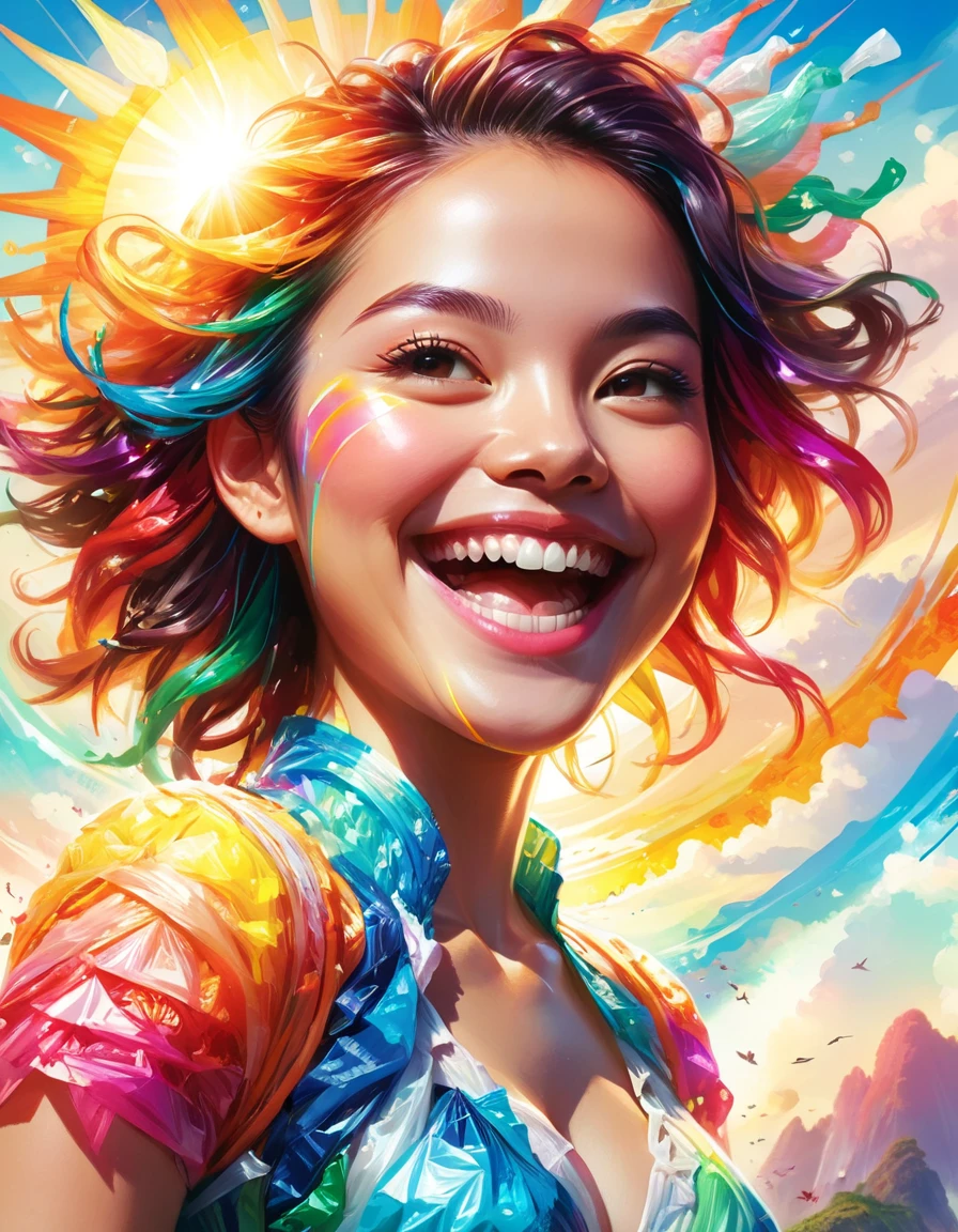 illustration, digital art by Ross Tran, Smiling Macanese ral-plstcbgz, horizon-centered, Proud, Sun Rays, concept art, bright and colorful, deep color contrasts, accent lighting, glowing light color streaks, <lora:ral-plstcbgz:1>, sublime, contemporary, fine artistic composition, vivid colors, contemporary fine detail, extremely stylish, dynamic composition, dynamic background