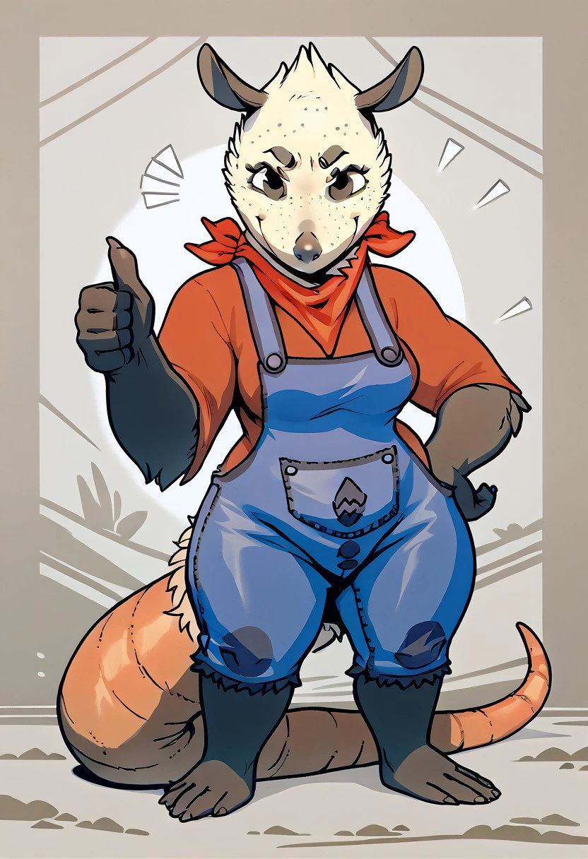 score_9, score_8_up, score_8, score_7, source_cartoon, source_furry, high quality, detailed,
Possum, opossum, virginia opossum, 1girl, solo, white and black fur, thick hairless tail, muscular body, freckles, red shirt, blue overalls, red hankerchief around neck, full body, looking at viewer, giving thumbs up