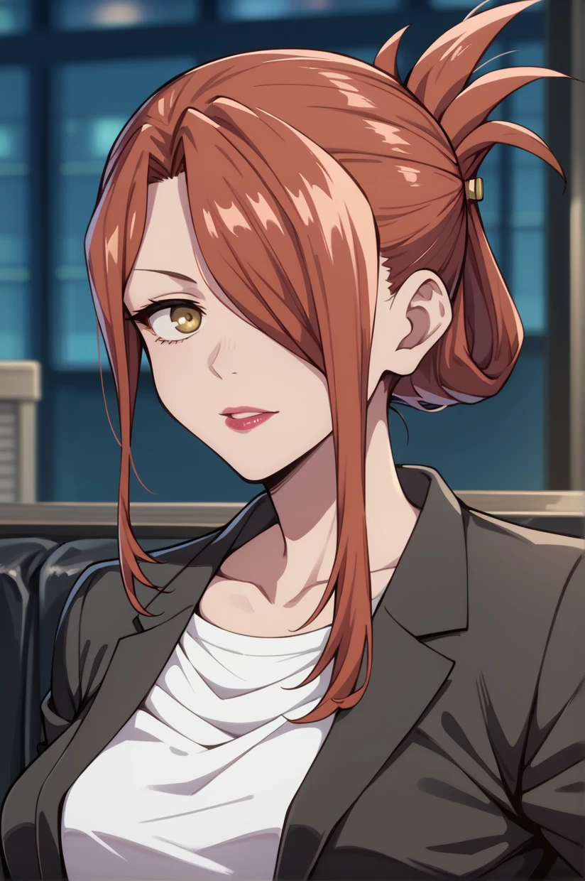 <lora:NikoHirata-09:1> NikoHirata, hair over one eye, folded ponytail, long hair, red hair, yellow eyes, large breasts, lipstick, parted lips, white shirt, solo, suit, black jacket, pant suit, looking at viewer, 16k, masterpiece, absurdes, highly detailed, highres, high quality, best quality, score_9, score_8_up, score_7_up, score_6_up, looking at viewer, portrait, upper body, close-up, bust, solo, solo focus, depth of field