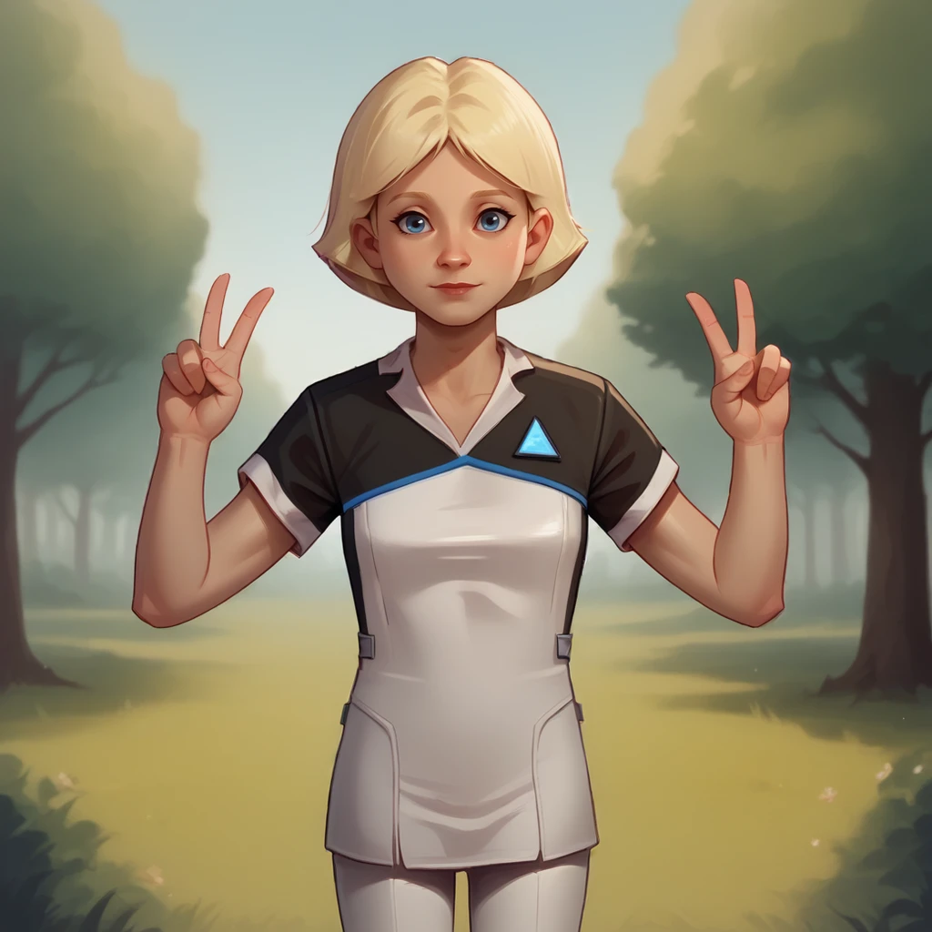 score_8_up, BREAK, JillSmith, 1girl, solo, short hair, blonde hair, blue eyes, outdoors,  <lora:JillSmith_MPM_PXL_Leaf2:1>, looking at viewer, ousekeeperOutfit, dress, short sleeves, white pants,  <lora:HousekeeperAndroidOutfit_DBH__PXL_Leaf5:0.9>, cowboy shot, double v,