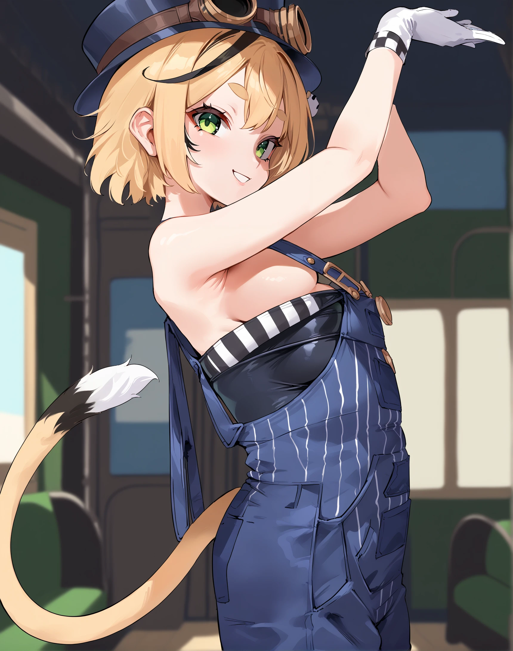 score_9, score_8_up, score_7_up, source_anime, anime, BREAK, best quality, very aesthetic, crisp image, absurdres,  hotfiy,  <lora:doobyPonyXL:1>, 1girl, dooby, short hair, tail, overalls, tube top, hat, goggles, green eyes, hair ornament, white gloves, cowboy shot, smug, looking at viewer, from side, presenting armpit,