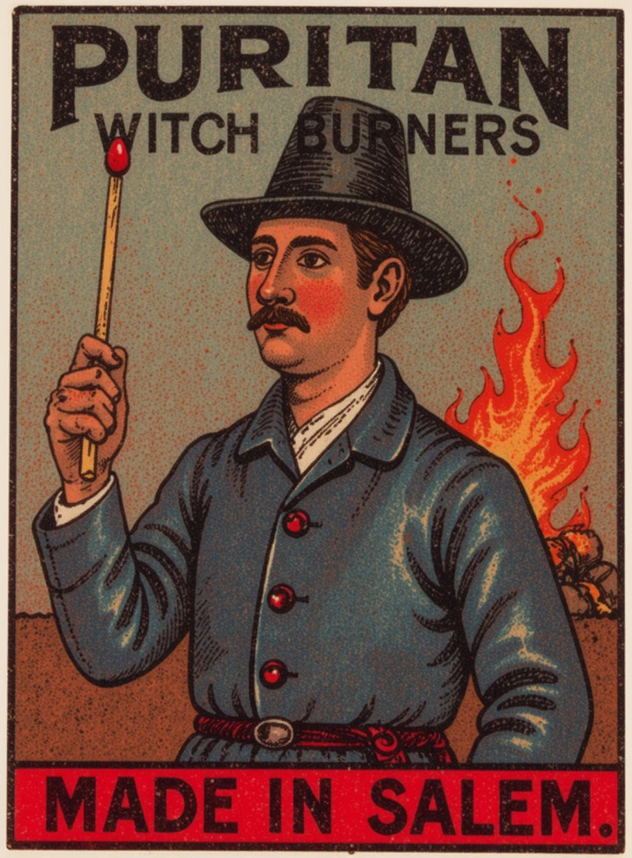 vintage matchbox artwork depicting a Puritan pastor in traditional 17th-century attire, including a tall, wide-brimmed hat with a buckle, a collared cloak with a buttoned vest underneath, holding a large matchstick up proudly as if presenting it. Bonfire in the background. Title reads "PURITAN WITCH BURNERS". Black text on the red bottom say "MADE IN SALEM".