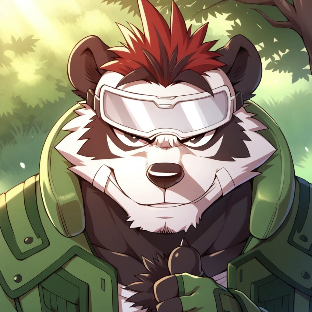1boy, solo, detail background, backlight, cartoon style, 2d, furry male, anthro panda, black and white body/fur, two tone body/fur, short red hair, big eyes, black eyes, muscular, fat, black dot eyes, obese, overweight, short black tail, plump, short round ears, circular ears, black nose, plaster on each cheek, protective glasses on the forehead, ((gray fingerless gloves)), ((white cape, large cape)), ((open green vest, belt, green pants)), four toes, claws on fingers and toes, Expressiveh, dof, forest, tree, ((thumbs up)), serious expression, upper body, ((plant in mouth)), from above, high angle, looking at viewer, looking up, smile