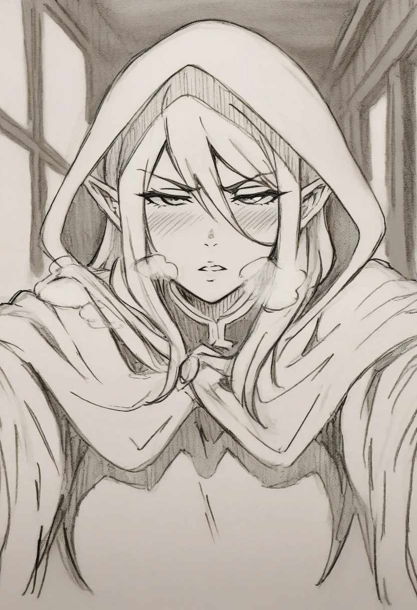 masterpiece, best quality,newest,
BREAK
1girl, solo, long hair, looking at viewer, blush, angry, bangs, hair between eyes, pointy ears, half-closed eyes, cloak, heavy breathing, hood up, hooded cloak, indoors, monochrome, sketch, traditional media
<lora:suruga_IllustriousXL_v1.0:0.3> <lora:Rakusakugaku_Illust:.7>