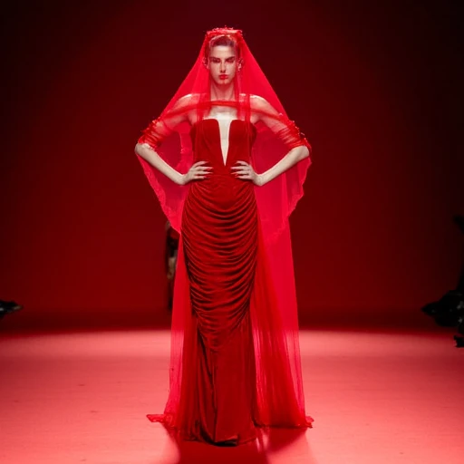 This is a high-fashion runway photograph showcasing a striking fashion show scene. The model, a woman with a pale complexion and striking, bold makeup, walks down a runway. She wears an elaborate, floor-length gown made of a rich, deep red velvet material. The gown features a plunging neckline and a flowing, draped design that falls in elegant folds to the floor. The dress is accessorized with a matching red shawl draped over her shoulders, adding to the dramatic effect., haute couture, high fashion, fashion photography, paris fashion week, red theme