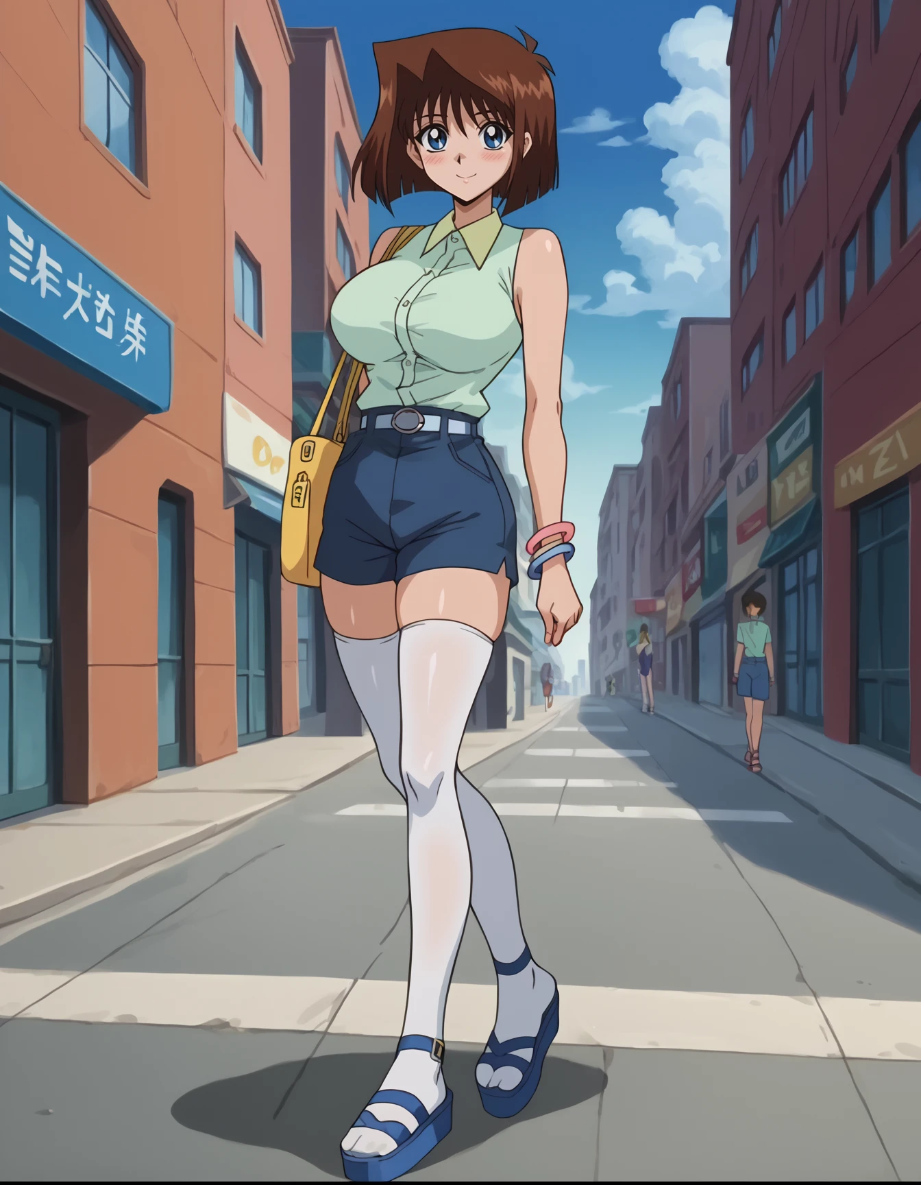 <lora:Anzu_MazakiPonyXL:0.7>, score_9, score_8_up, score_7_up, score_6_up, source_anime,  anime screencap, BREAK, uncensored,  brown hair, short hair, blue eyes, athletic sexy body, slim waist, huge breasts, anzumazakispe,  light blue sleeveless shirt, belt, blue shorts, white thighhighs, outdoors, city, sky, clouds, standing, blush, smile,  covered feet, blue platform sandals, bracelets, lora:Anime_Screencap:1>,  <lora:PerfectEyesXL:1>,  <lora:thicc_v1.4-pony:1>, one strap purse, full body,