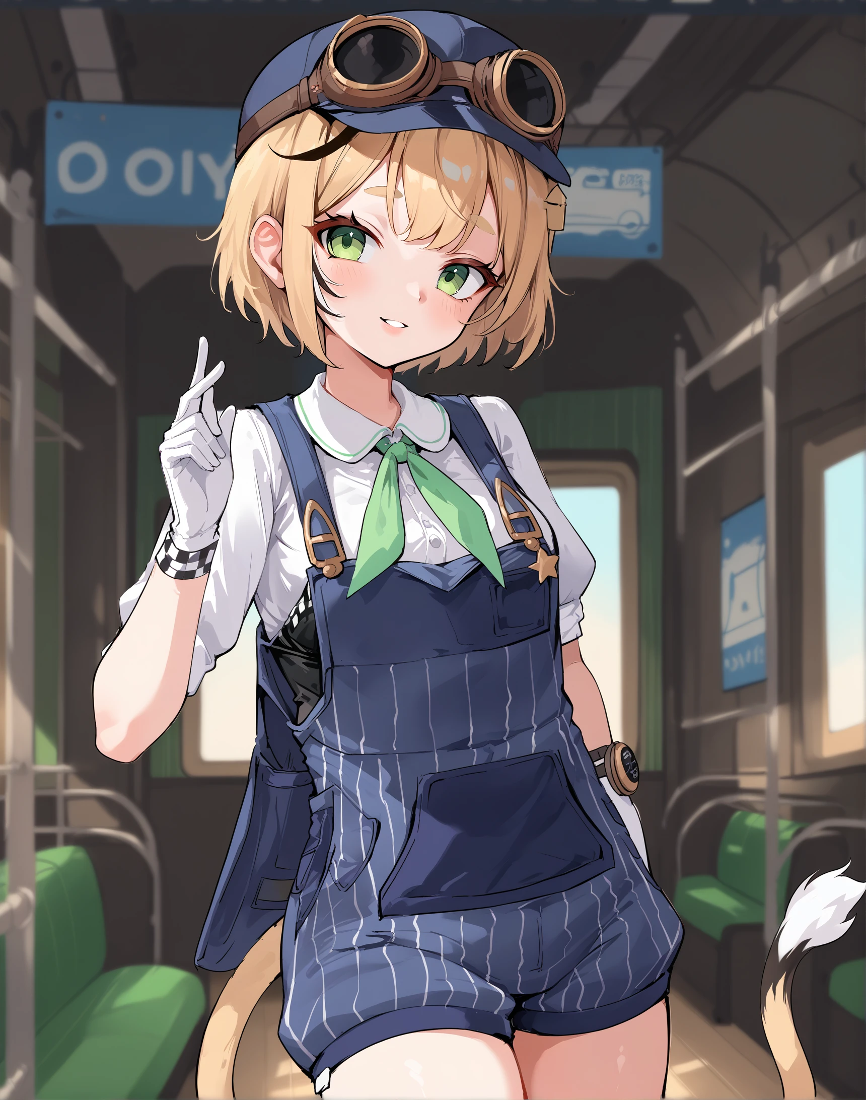 score_9, score_8_up, score_7_up, source_anime, anime, BREAK, best quality, very aesthetic, crisp image, absurdres,  hotfiy, zPDXL3,  <lora:doobyPonyXL:1>, 1girl, dooby, short hair, tail, overalls, hat, goggles, green eyes, hair ornament, white gloves,