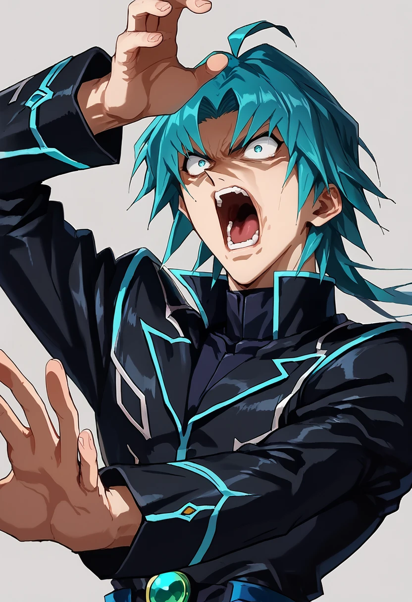 source_anime, score_9, score_8_up, score_7_up, (masterpiece:1.2), (best quality:1.3), 1boy <lora:Zane_Truesdale_Yu-Gi-Oh:0.8> zane_ygo, aqua hair, black coat, simple background, 2000s \(style\) <lora:Kaiba_defeat_meme_for_Pony_V6:0.55> kaibanodef, open mouth, upper body, teeth, screaming, parody, low-key lighting, lo-fi, glow, dynamic cinematic lighting, ray_tracing, global illumination <lora:Anime Style (Vauxz) PONY:0.8>