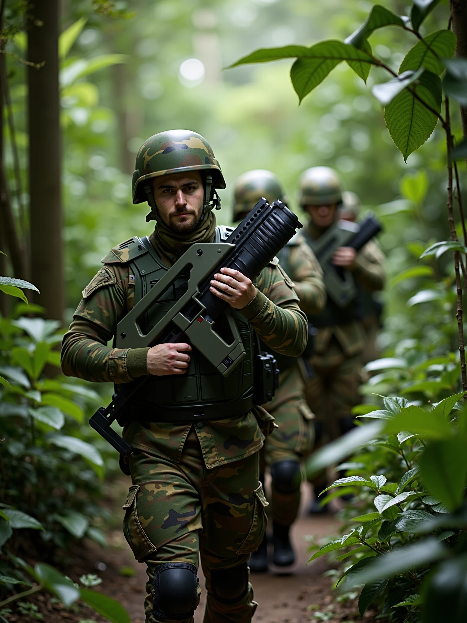 a group of soldier walking through the jungle he is holding a mad-srgns m41a rifle, they are wearing camo <lora:M41A_FLUX_000001000:0.9>