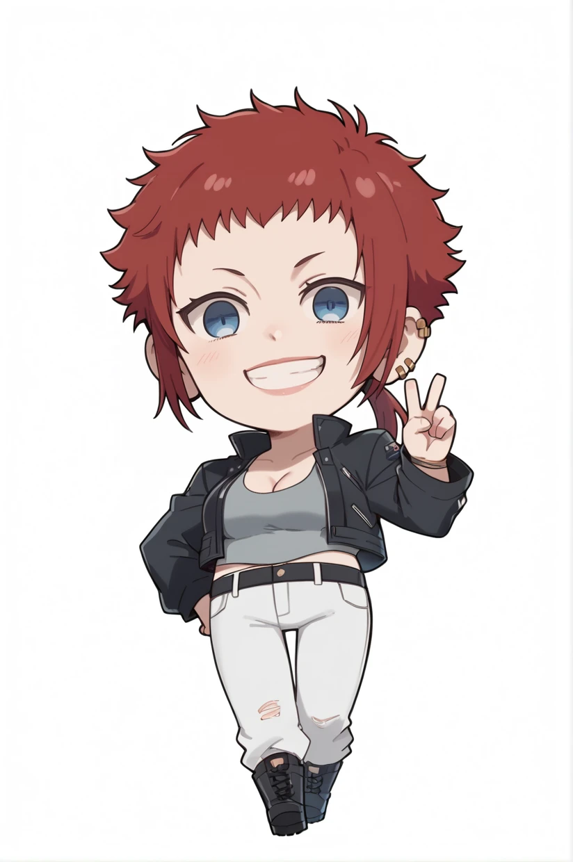 <lora:totatokeke-09:1> totatokeke, chibi, full body, simple background, white background, looking at viewer, v, laughing, grin BREAK <lora:EmmaSamandaNSLT:1> emmasamanda, red hair, short hair, low ponytail, blue eyes, ear piercing, piercing, pink lips, medium breasts, EmmaCasual, black jacket, cropped jacket, cleavage, tank top, grey shirt, white pants, black boots, 16k, masterpiece, absurdes, highly detailed, highres, high quality, best quality, score_9, score_8_up, score_7_up, score_6_up