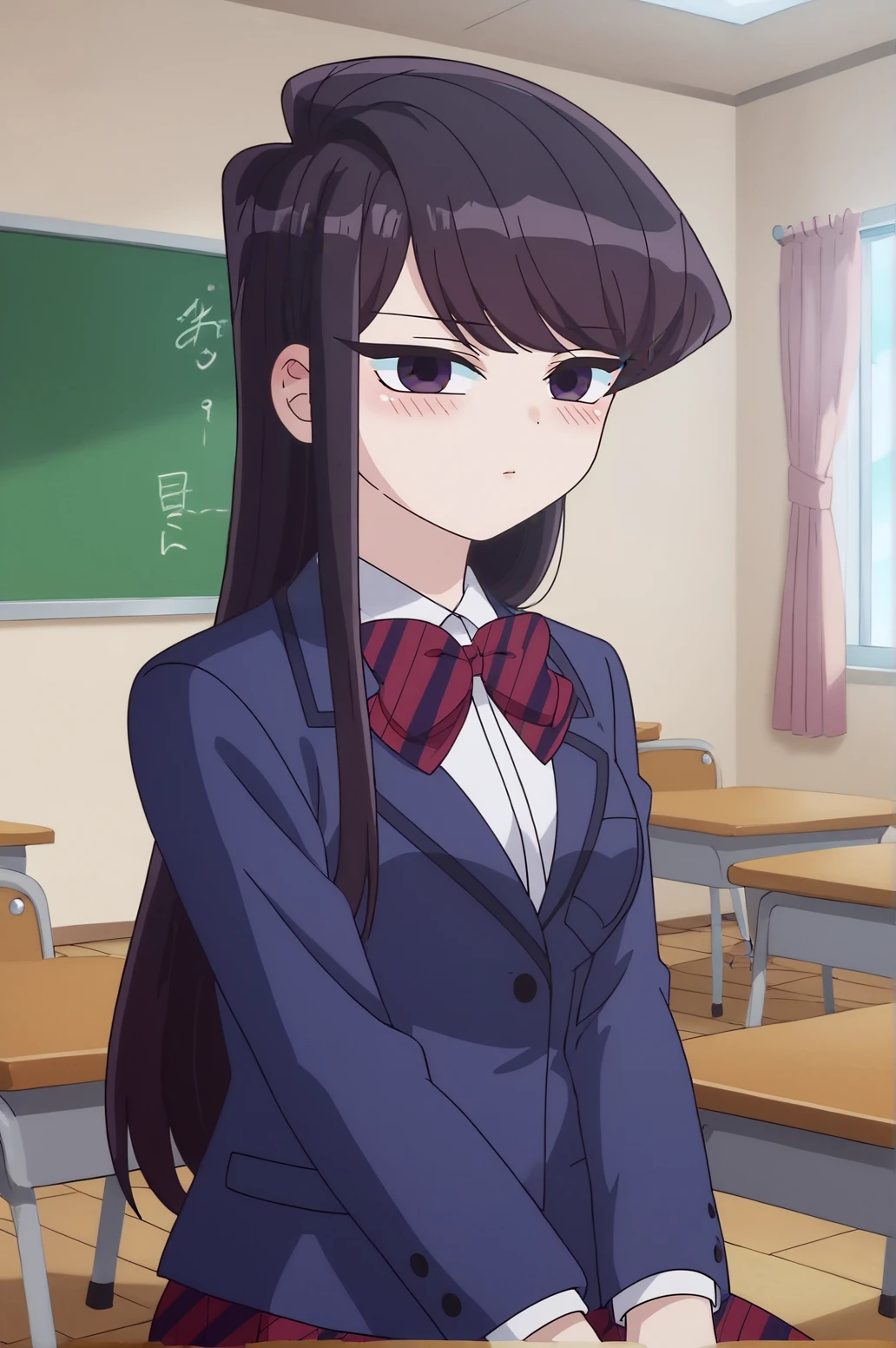 score_9, score_8_up, score_7_up,anime_source, source_anime, best background, detailed background, anime screencap,  Shoko Komi, Main Outfit, indoors, blush, dynamic angle, dynamic pose, school, table, study,sitting, <lora:JN_Shoko_Komi_Pony:0.8>