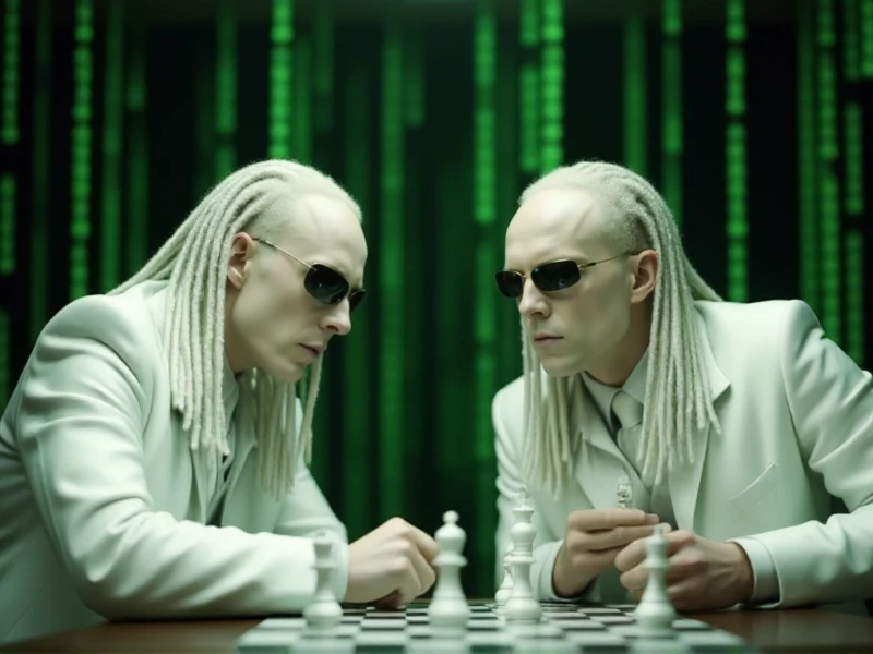 Matrix Twins are two pale men with sunglasses and white suit and are playing chess<lora:Matrix_Twins:0.9>