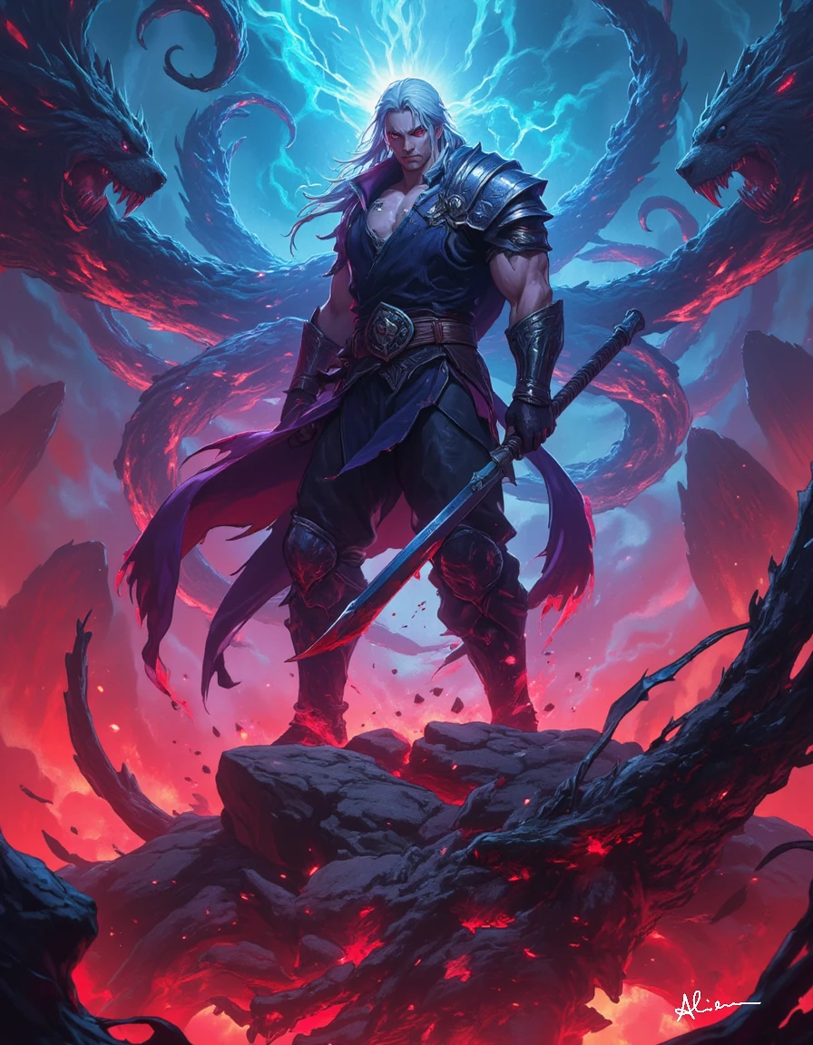 A vivid, fantasy-themed artwork featuring a central character, a male warrior, poised in a defensive stance amidst a chaotic, ethereal environment. He is dressed in a flowing robe and wields a large, menacing weapon. The scene is dominated by a rich palette of deep reds, purples, and blues, creating a sense of danger and foreboding. The background is filled with swirling mists and ethereal light, adding to the sense of urgency and tension. The character's intense gaze and poised stance suggest readiness for battle or confrontation. The overall style is reminiscent of epic fantasy illustrations, with a focus on dramatic lighting and shadow play.