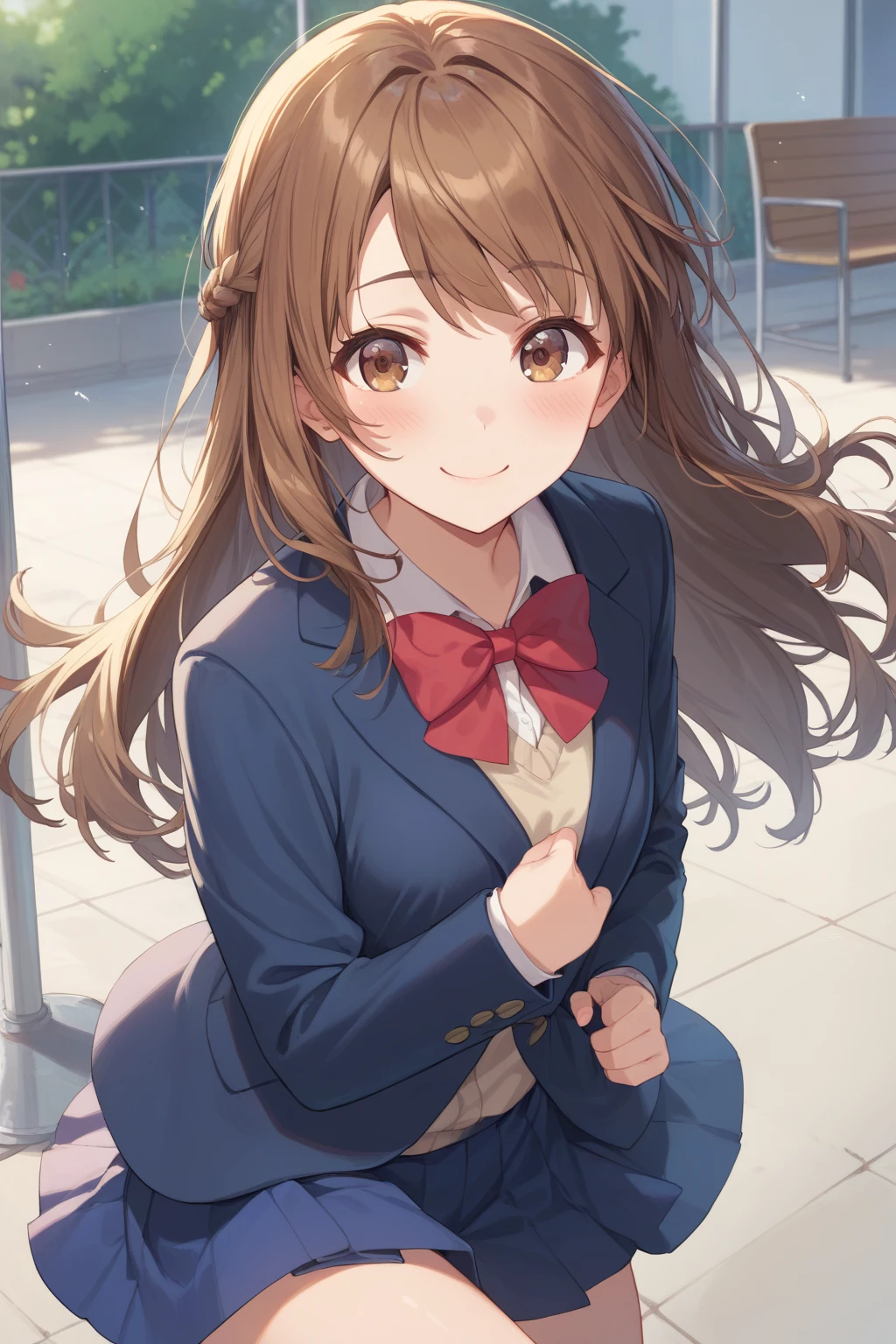 (score_9, score_8_up:1.1), score_7_up, high res image,masterpiece, mashiro aoi, 1girl, solo, brown hair, long hair, braid, brown eyes, school uniform, red bowtie, white shirt, blue blazer, short stripped skirt, smile, blush, looking at viewer