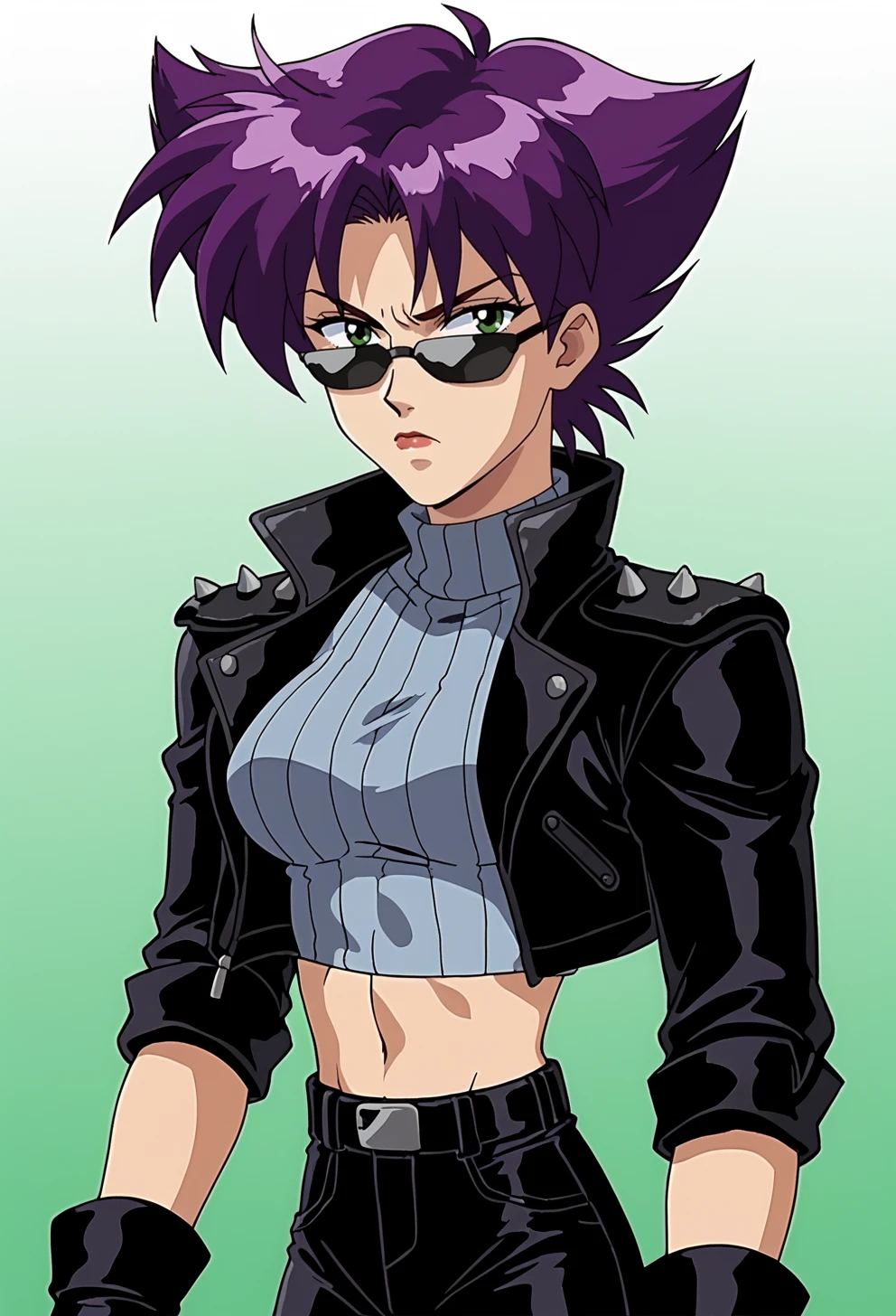 score_9, score_8_up, score_7_up, anime_screencap, BREAK,  <lora:KonokoPony:1>, konoko, 1girl, black gloves, black leather jacket, black pants, light blue sweater, cable, closed mouth, crop top, cropped jacket, cropped sweater, flipped hair, frown, gradient background, green background, green eyes,lips, midriff, open jacket, purple hair, retro artstyle, ribbed sweater, serious, short hair, sleeves rolled up, solo, spiked hair, sweater, turtleneck, upper body, v-shaped eyebrows, black sunglasses, matrix style,