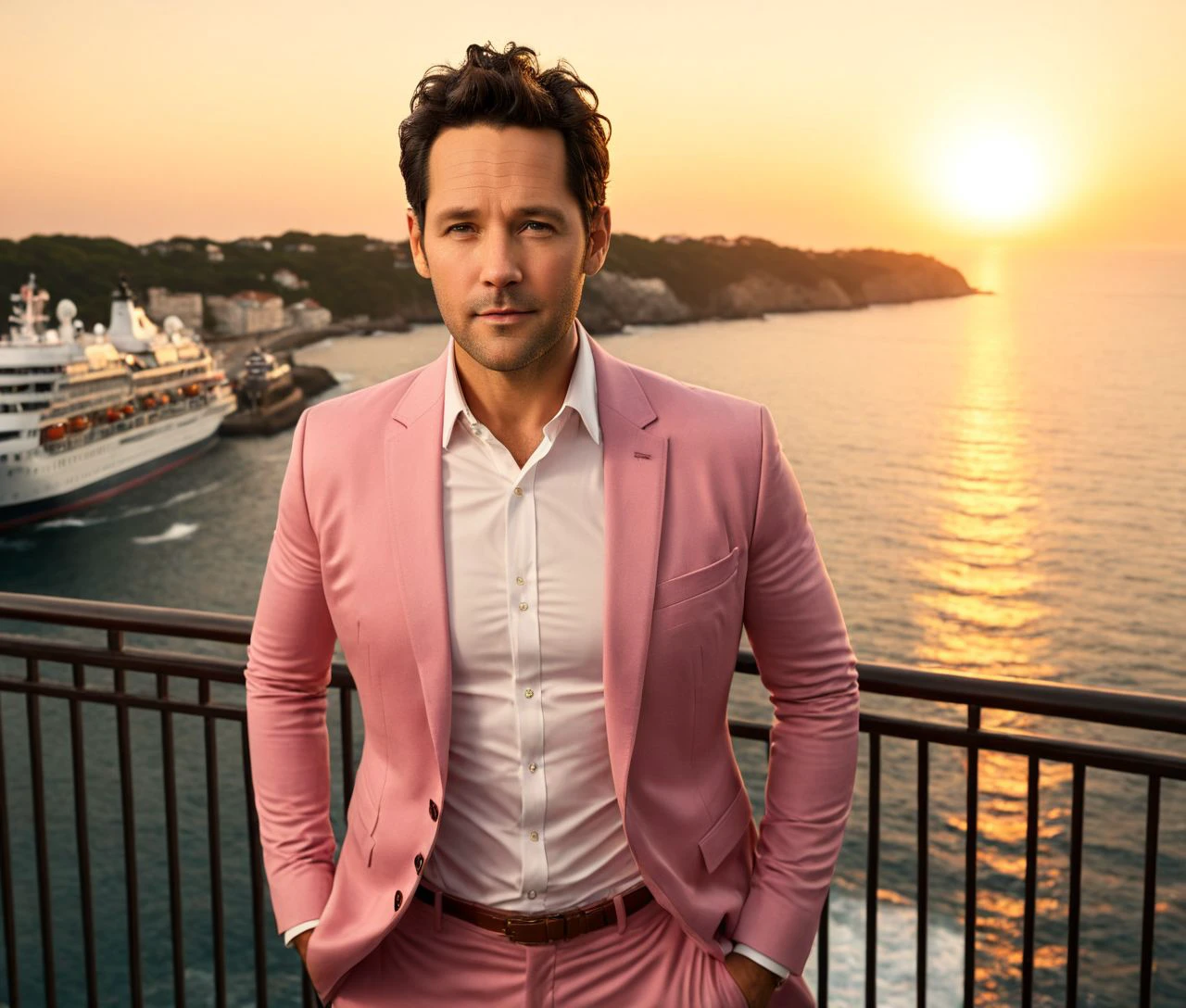 Nautical-themed (Photo:1.3) of (Ultrarealistic:1.3) <lora:Man_Men_FFashion:1> Paul Rudd a man <lora:Paul-Rudd-000001:1>, in a pink suit standing on a balcony, handsome man, attractive man, handsome male, sun behind him, inspired by Pablo Munoz Gomez, shot at golden hour, editorial photograph, midshot of a hunky, by Roman Bezpalkiv, by Artur Tarnowski, maxim sukharev, by Gabor Szikszai,Highly Detailed,(Mono Color:1.3) . Sea, ocean, ships, maritime, beach, marine life, highly detailed