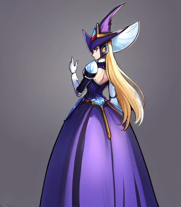 cowboy shot, solo, <lora:Berkana:0.8>, berkana, android, purple eyes, robot ears, blonde hair, long hair, helmet, witch hat, gem, dress, long dress, purple dress, white gloves, robot girl, robot, robot joints, from behind, looking back, highres, Digital art, trending on artstation, best quality, insanely detailed, masterpiece, stunning environment, wide-angle,